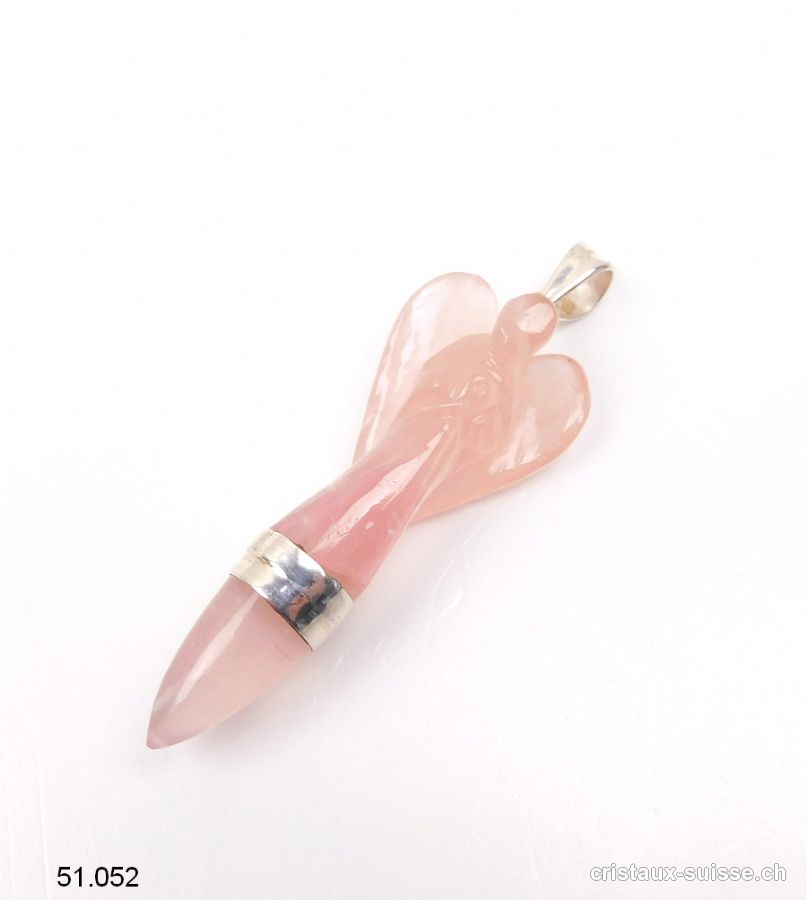 Pendentif Quartz rose Ange 5,5 cm en argent 925. Pièce unique