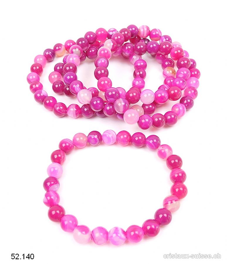 Bracelet Agate rose clair 8 mm, élastique 17,5 - 18 cm. Taille SM