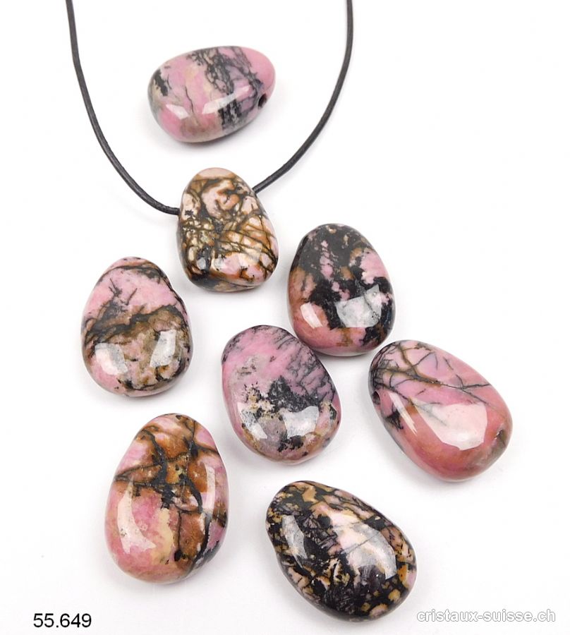 Rhodonite 2,7 - 3 cm, percée avec cordon en cuir à nouer