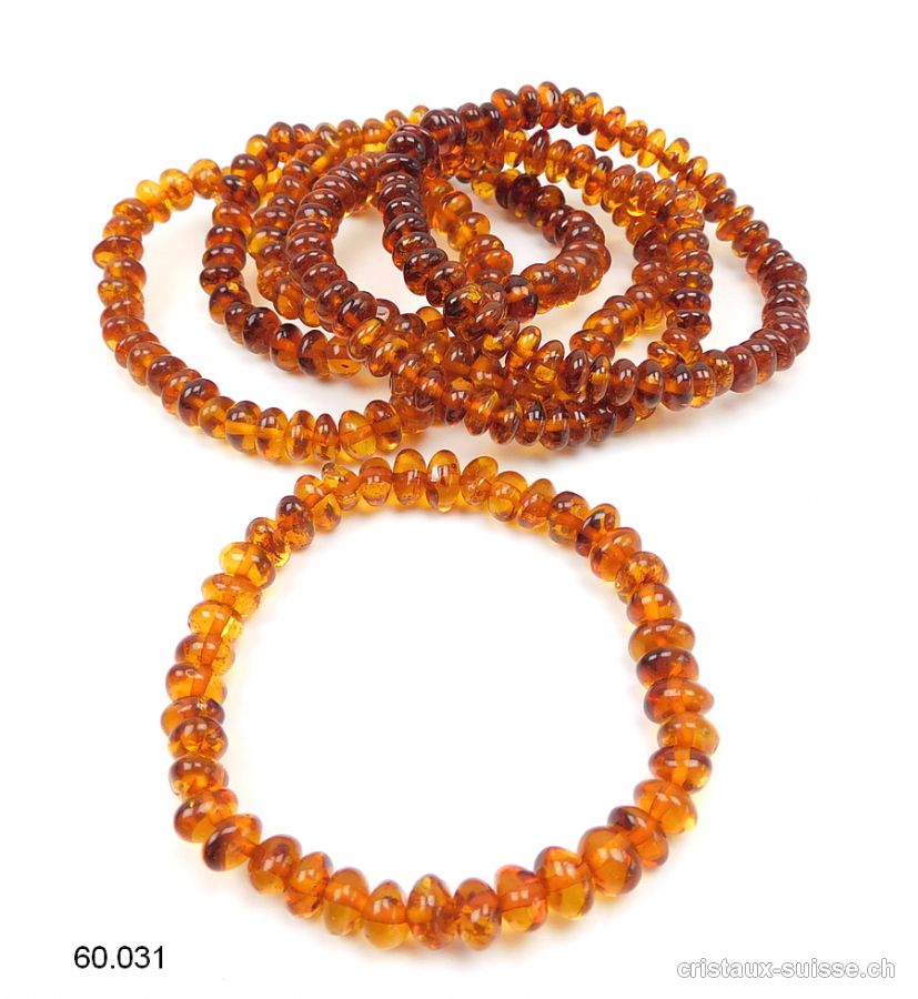 Bracelet Ambre Cognac 7 - 8 mm, élastique 18 cm. Taille SM