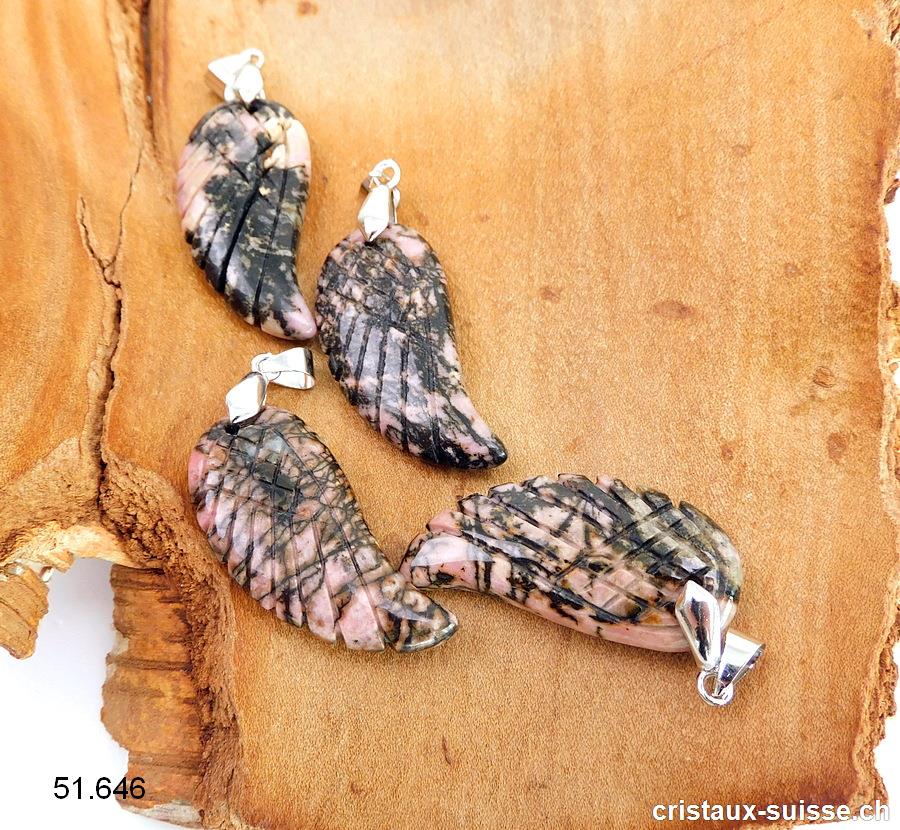 Pendentif Rhodonite, Aile d'Ange avec clip métal 3,5 cm