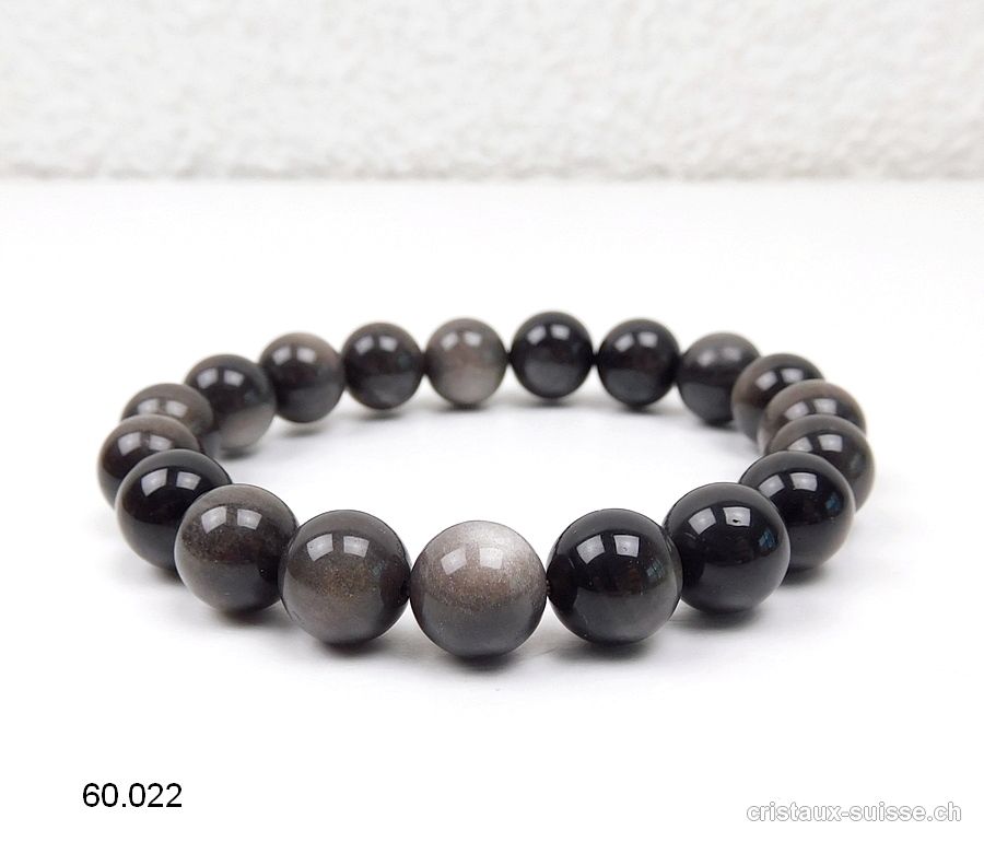 Bracelet Obsidienne argentée 10 mm, élastique 18,5 cm