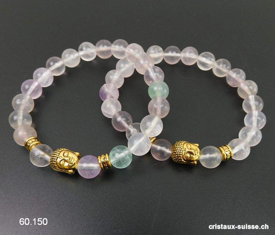 Bracelet Fluorite claire 8 - 8,5 mm/19 cm et BOUDDHA doré. Offre Spéciale