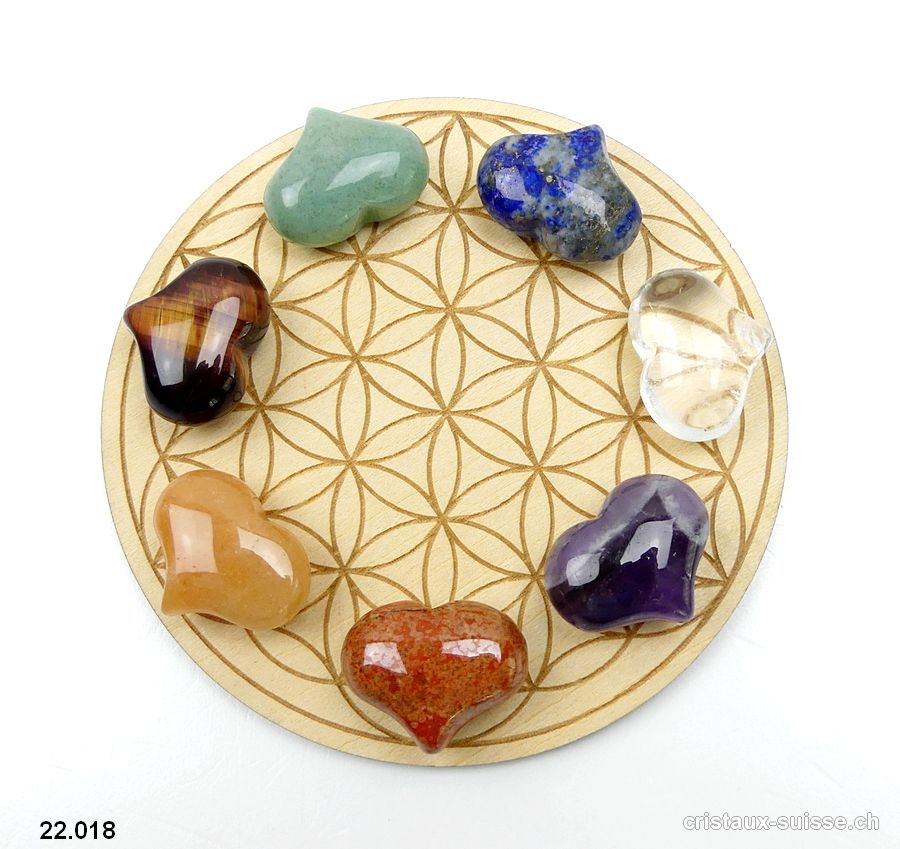 Set Chakras 7 Coeurs 2,5 cm et Plateau Fleur de Vie en bois 10 cm