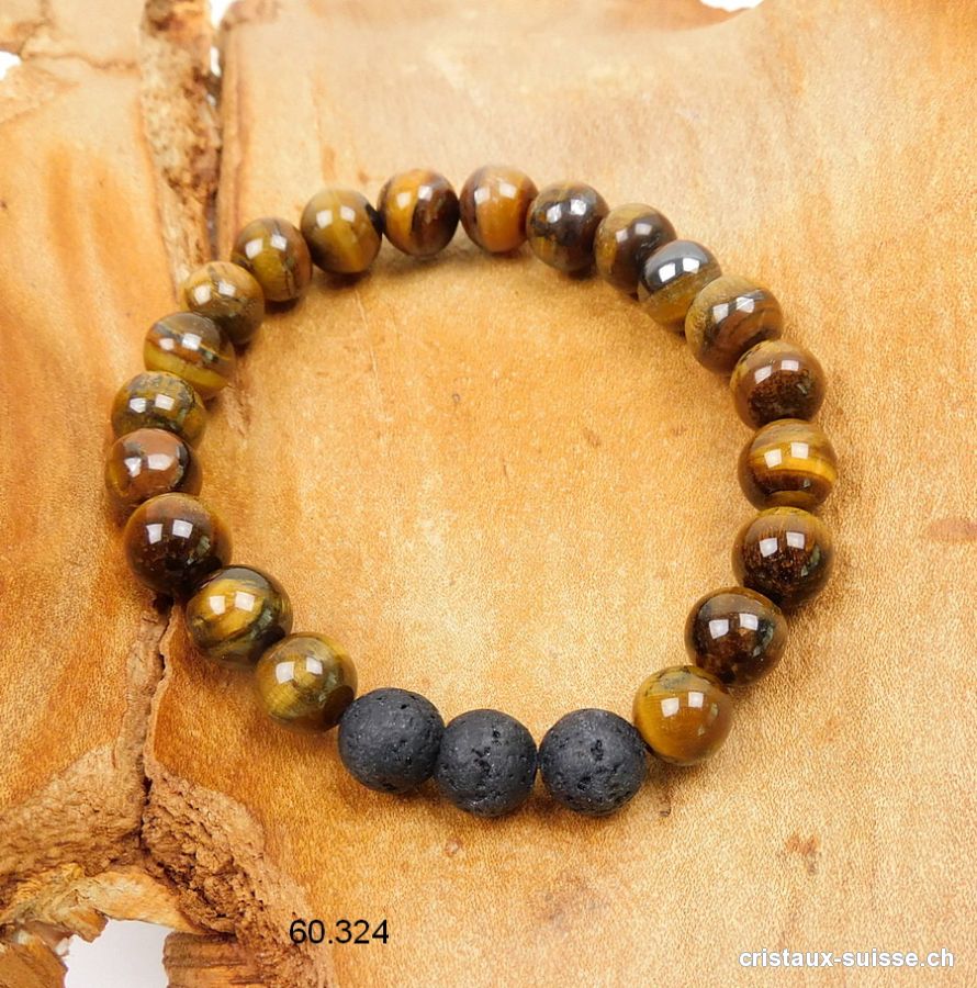 Bracelet Oeil de Tigre et Lave 8 mm / 18 cm. Taille SM