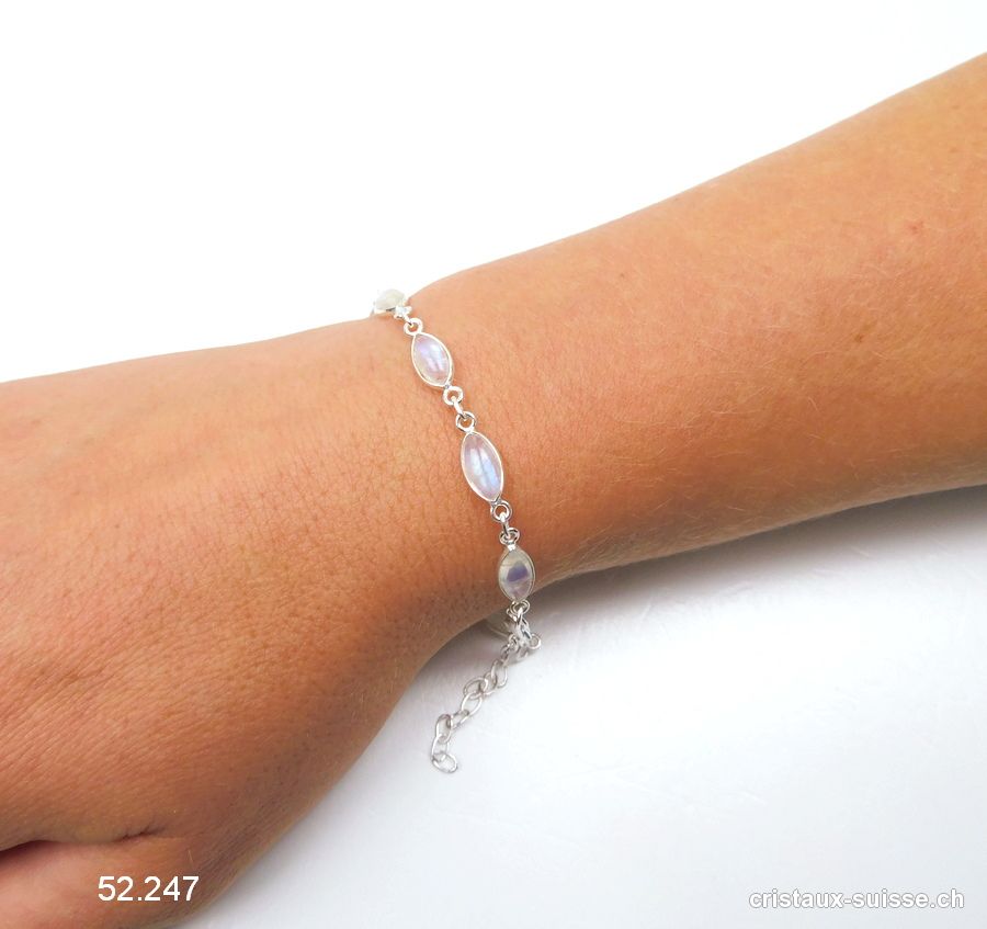 Bracelet Pierre de Lune arc-en-ciel Navette en argent 925, réglable 17 - 20 cm