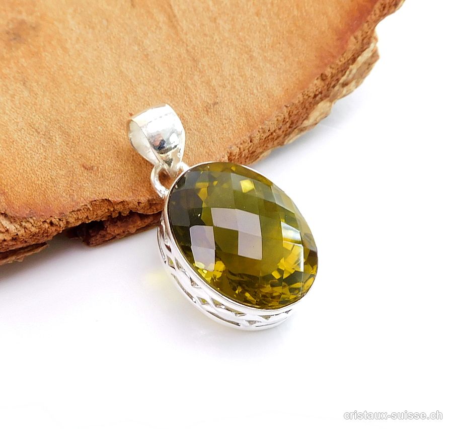 Pendentif Quartz Olive facetté en argent 925. Pièce unique, belle qualité