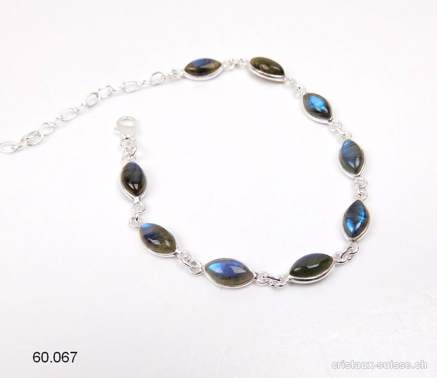 Bracelet Labradorite bleue Navette en argent 925, réglable 17 - 20 cm