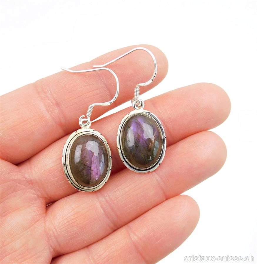 Boucles d'oreilles Labradorite violette en argent 925. Paire unique
