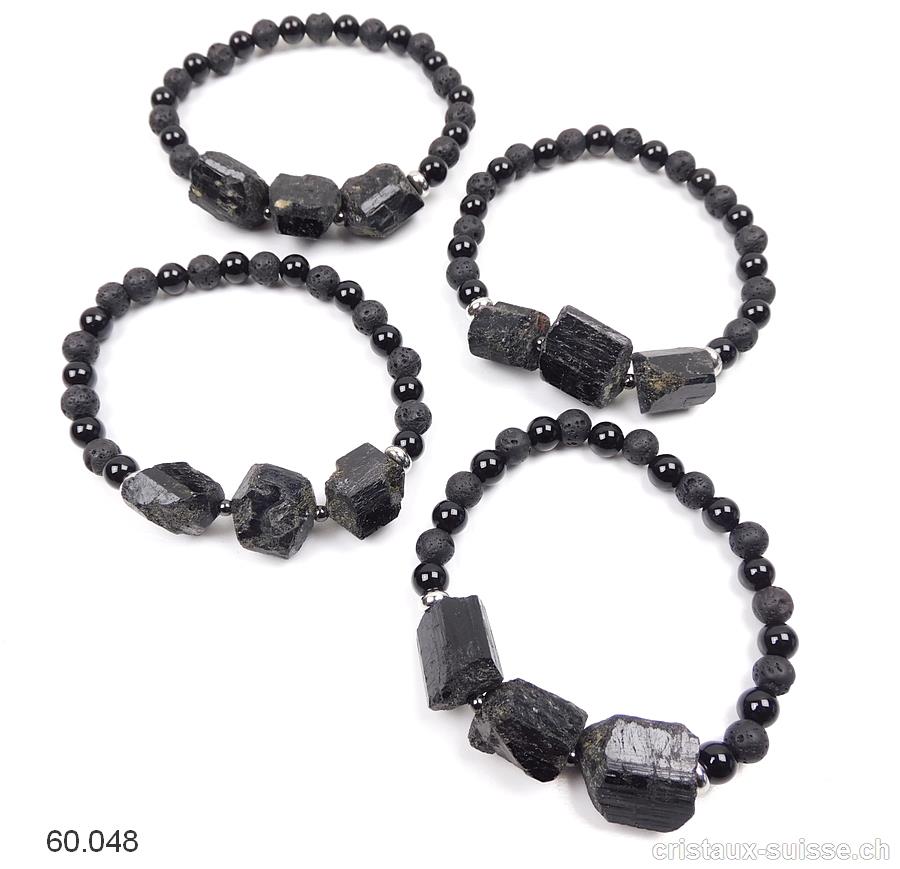 Bracelet Tourmaline noire, Onyx brillant, Lave. Env. 19 cm