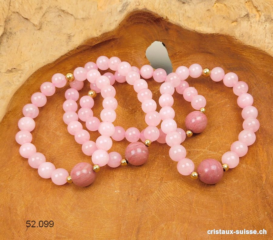 Bracelet Quartz rose - Rhodonite 8 mm / 18 cm. Taille M