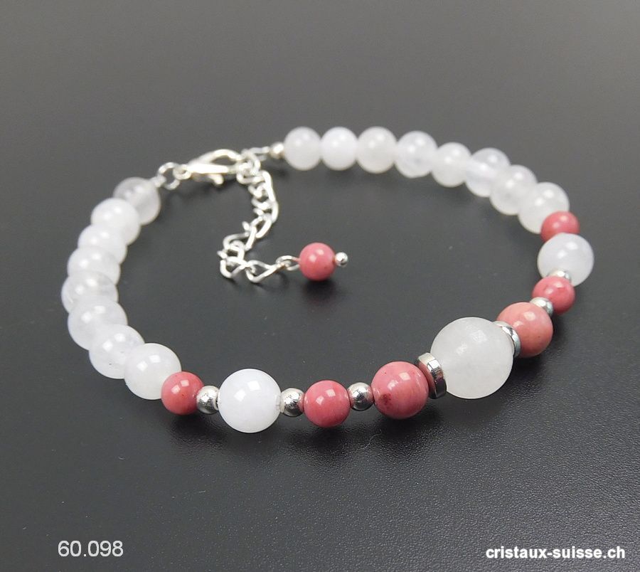 Bracelet Rhodonite - Jade blanc, réglable 19 - 23,5 cm