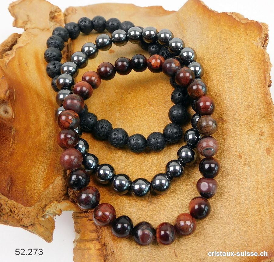 3 bracelets ANCRAGE et FORCE - Oeil de Tigre Rouge, Hématite, Lave