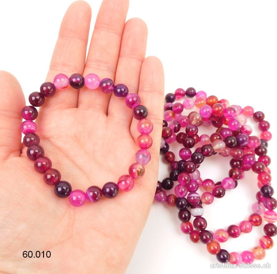 Bracelet Agate rose foncé 8 mm / 19 - 19,5 cm