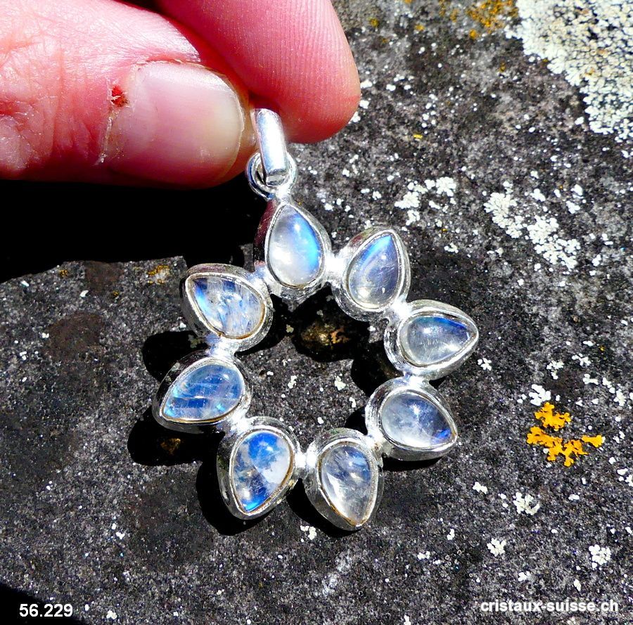 Pendentif Pierre de Lune arc-en-ciel Soleil en argent 925