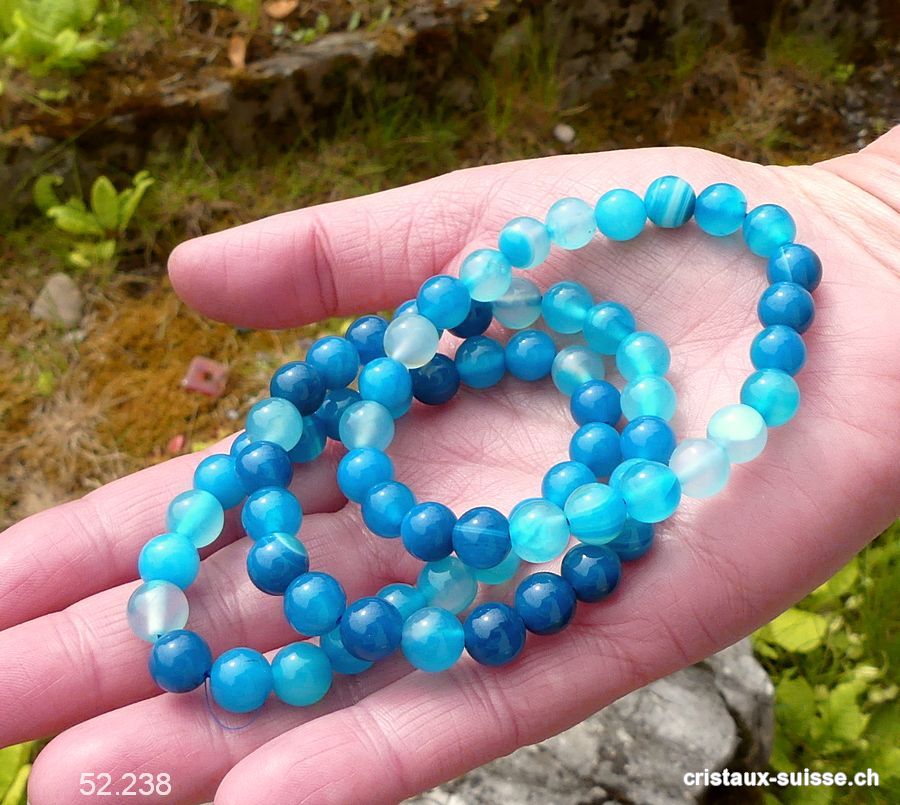 Bracelet Agate bleue 8 mm, élastique 18 cm