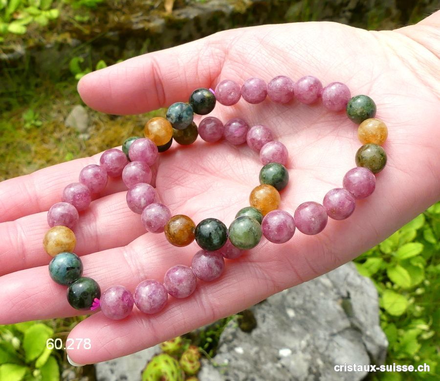 Bracelet Tourmaline multicolore 8,5 mm / 18 cm. Taille M