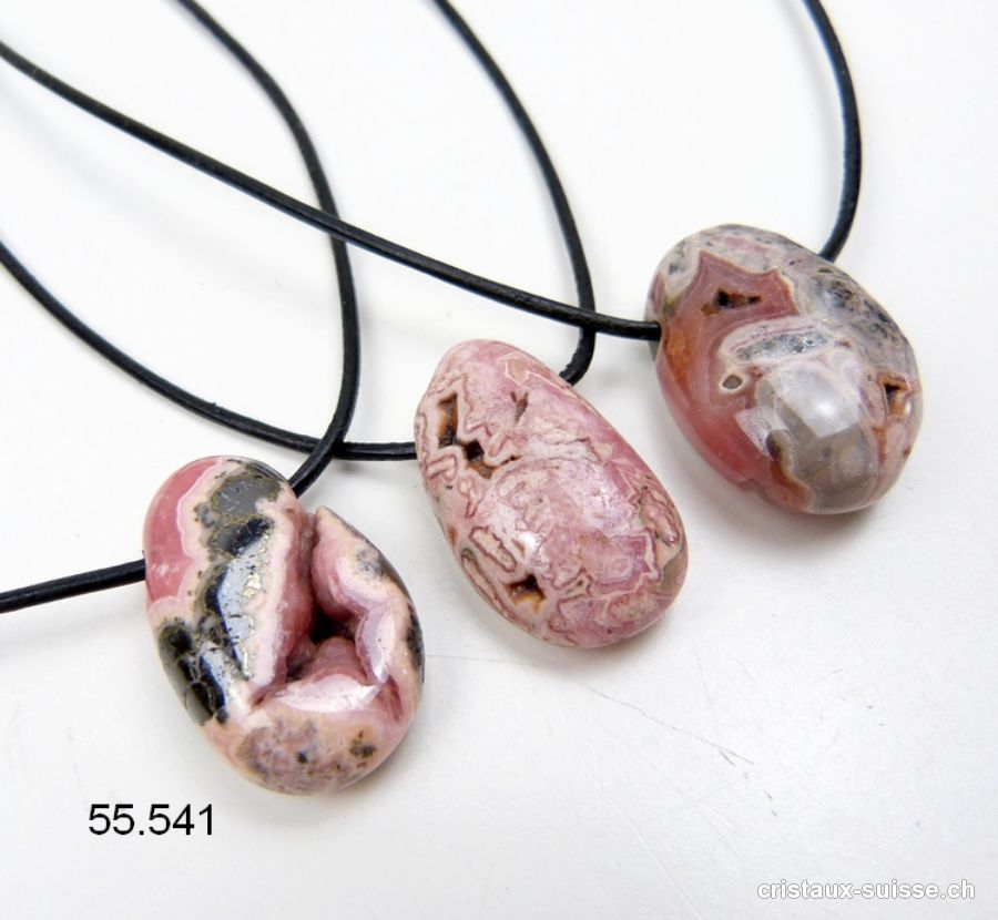 Rhodochrosite avec cavités 2,5 à 3 cm, percée avec cordon cuir à nouer. Offre Spéciale