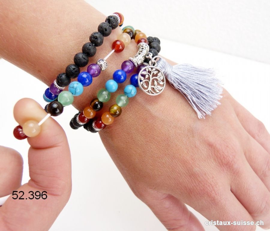 Bracelet  7 Chakras et Lave, Mala élastique. Avec Pompon et Arbre de Vie