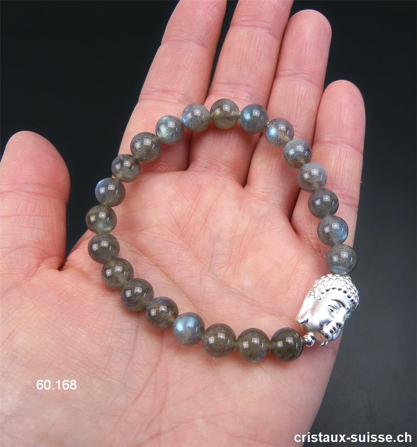Bracelet Labradorite A 8 mm/18,5 cm et BOUDDHA argent 925