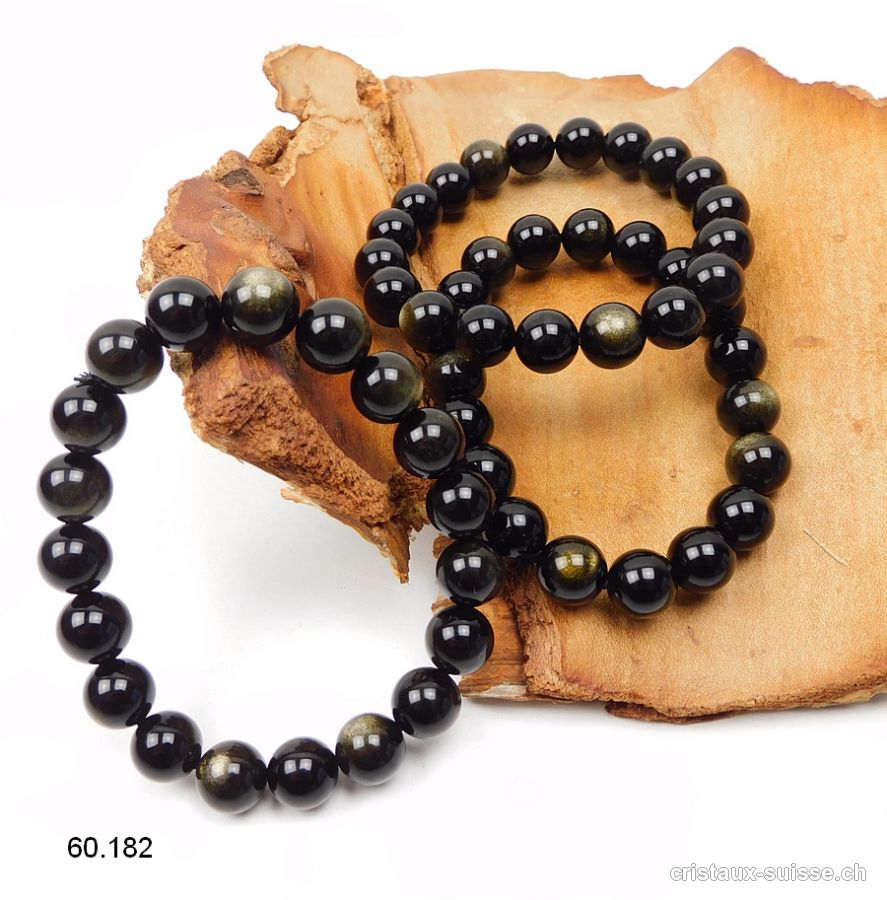 Bracelet Obsidienne dorée 10 mm, élastique 18,5 - 19 cm