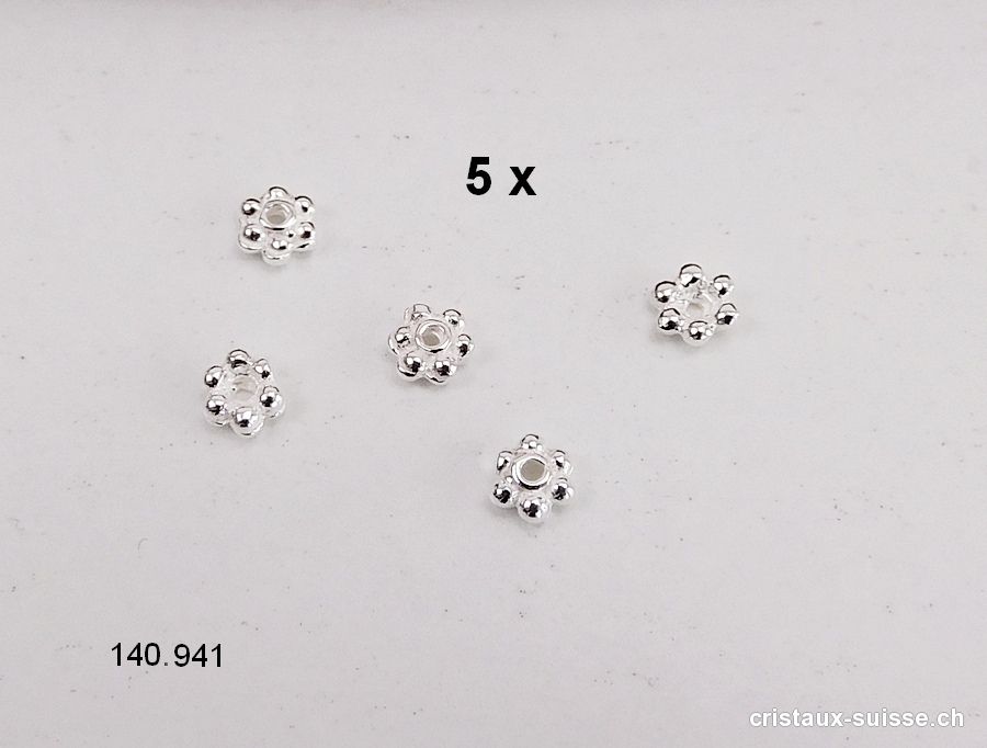 Lot 5 mini Fleurs percées 4 mm, Intercalaire en argent 925. Offre Spéciale