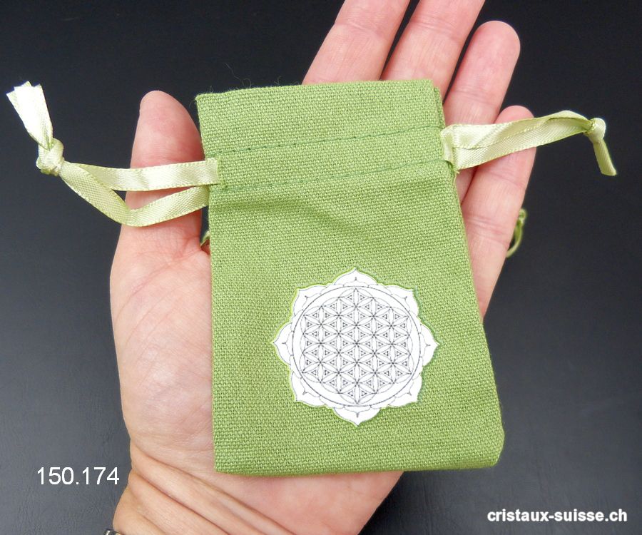 Pochette coton vert Mandala - Fleur de Vie, env. 10 x 6,5 cm