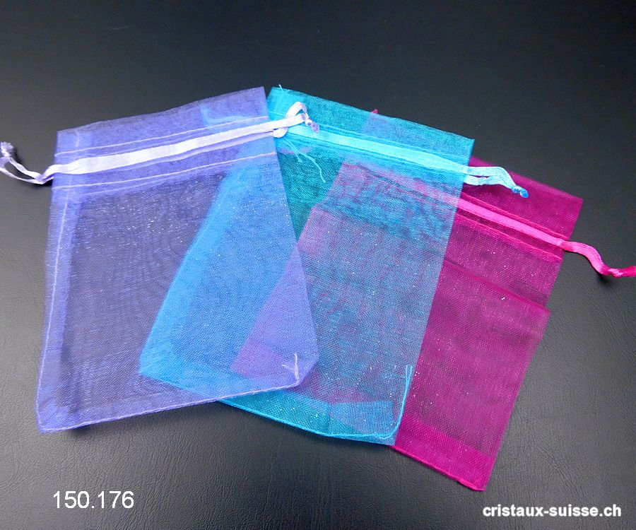 Lot 3 Sachets organza bleu-fuchsia-violet 12 x 8,5 cm. OFFRE SPECIALE