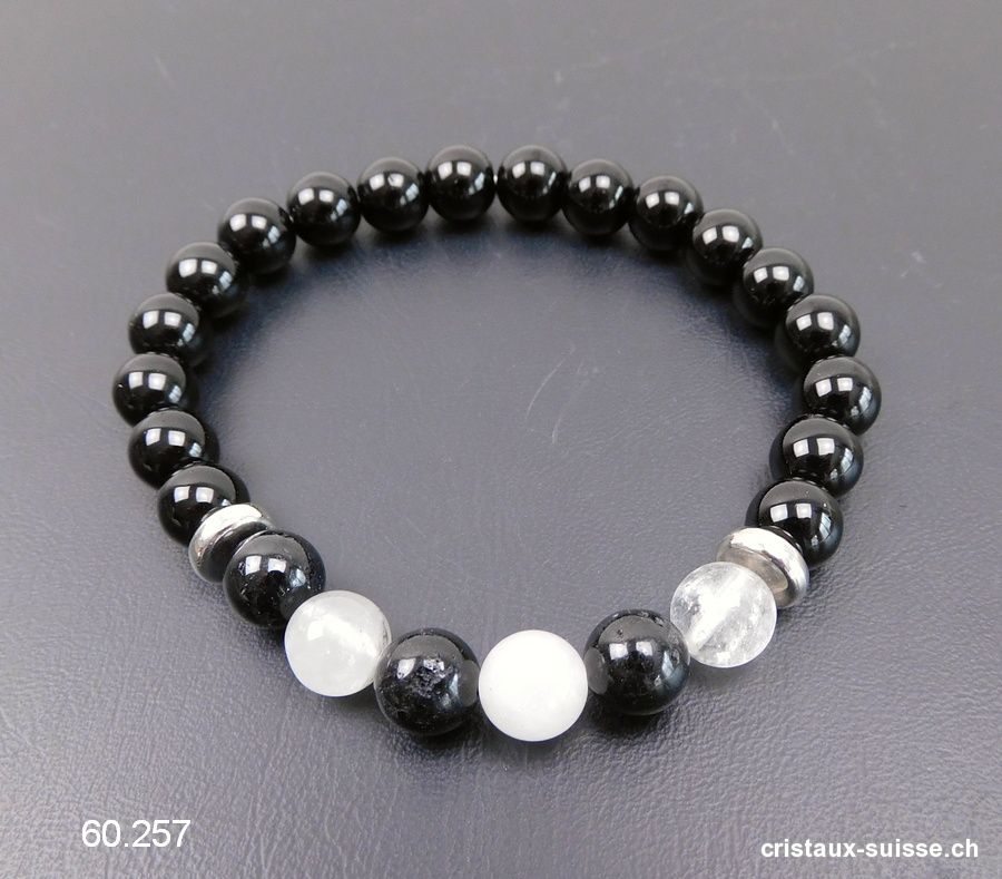 Bracelet Tourmaline-quartz et Agate noire 8 mm, élastique 19 cm