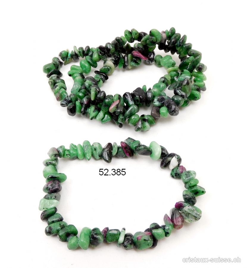 Bracelet Zoïsite verte avec Rubis, élastique 19 cm. Taille M-L