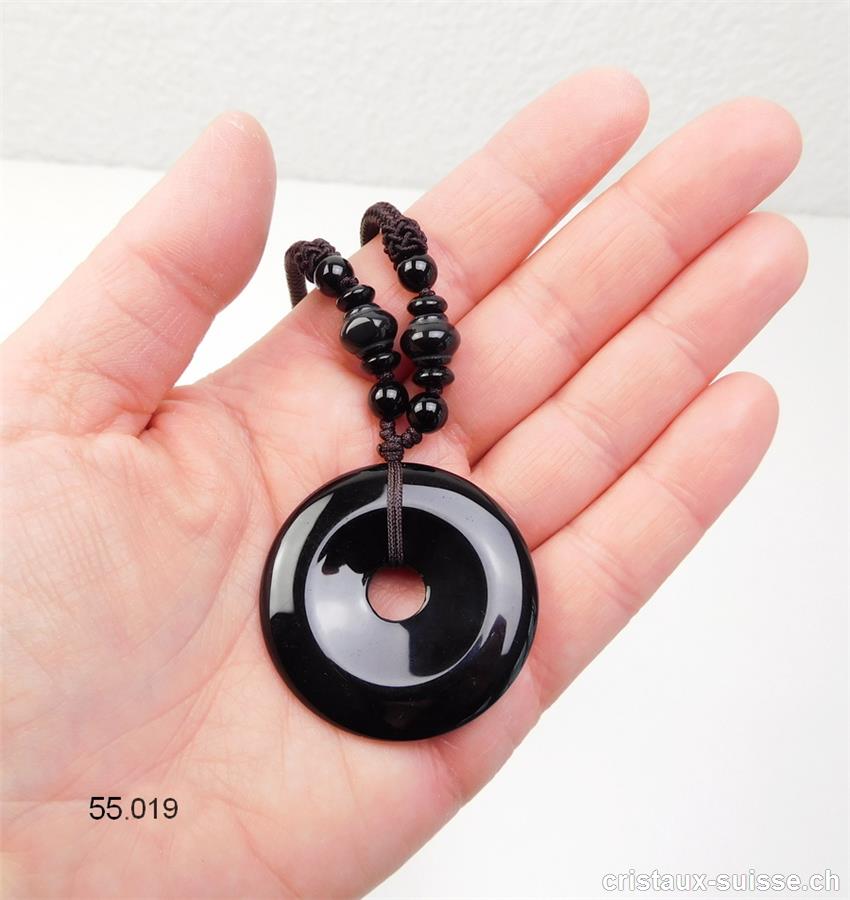 Collier Donut Onyx noir 4 cm, avec cordon tissu brun foncé