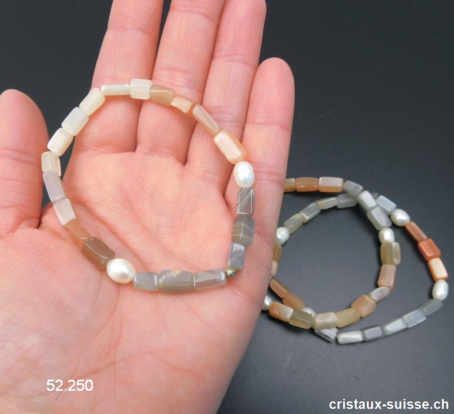 Bracelet Pierre de Lune rectangles et Perles, élastique env. 20 cm. Taille XL 