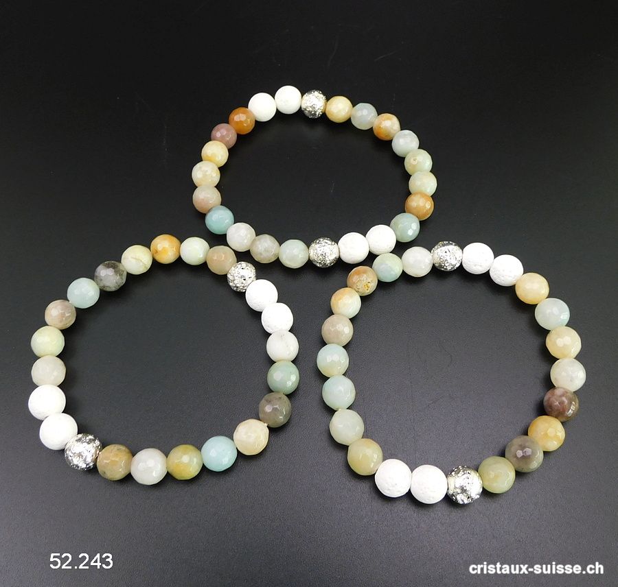 Bracelet Amazonite multicolore facettée et Lave blanche 8 mm, élastique 19 cm. OFFRE SPECIALE