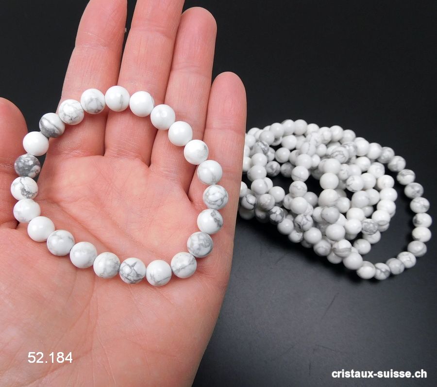 Bracelet Magnésite - Howlite blanche 8 mm, élastique 19 cm