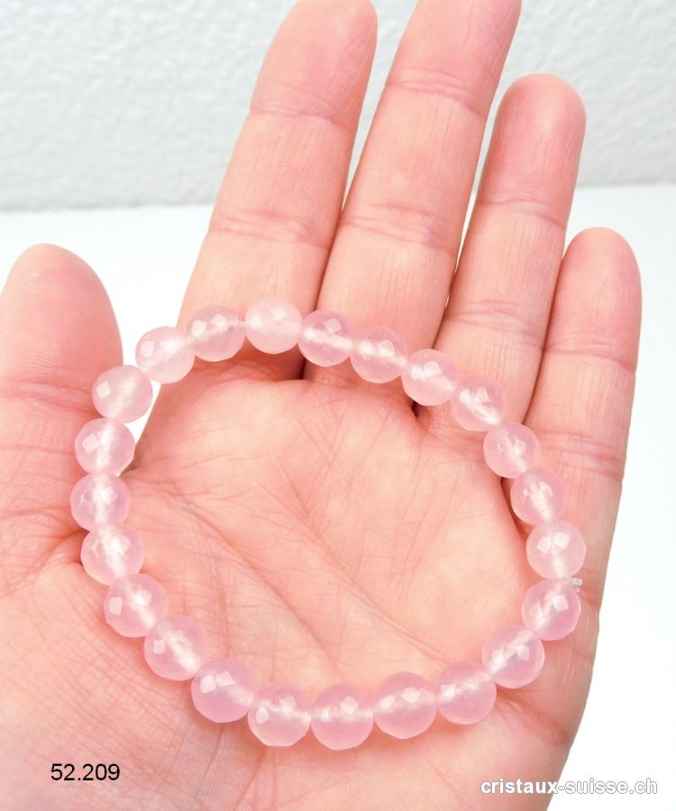 Bracelet Quartz rose FACETTÉ 8 mm, élastique 18 cm. Taille M