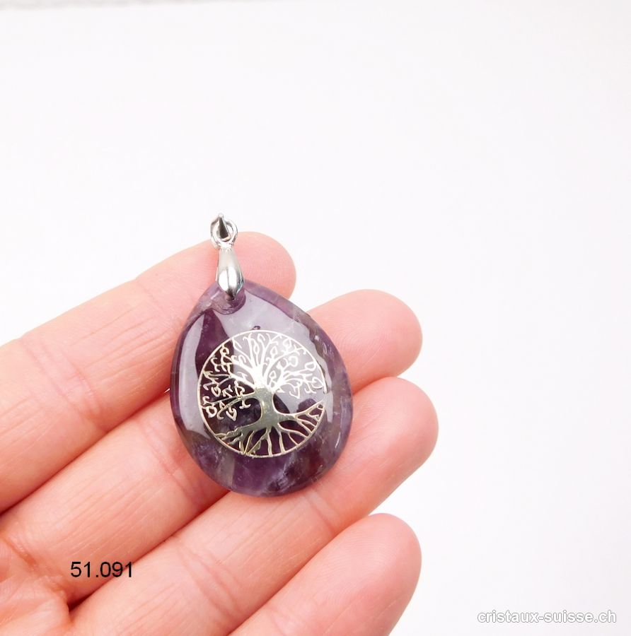 Pendentif Améthyste goutte avec Arbre de Vie 3 x 2,5 cm