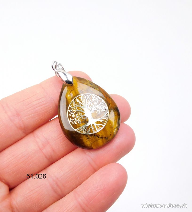 Pendentif Oeil de Tigre, goutte avec Arbre de Vie 3 x 2,5 cm