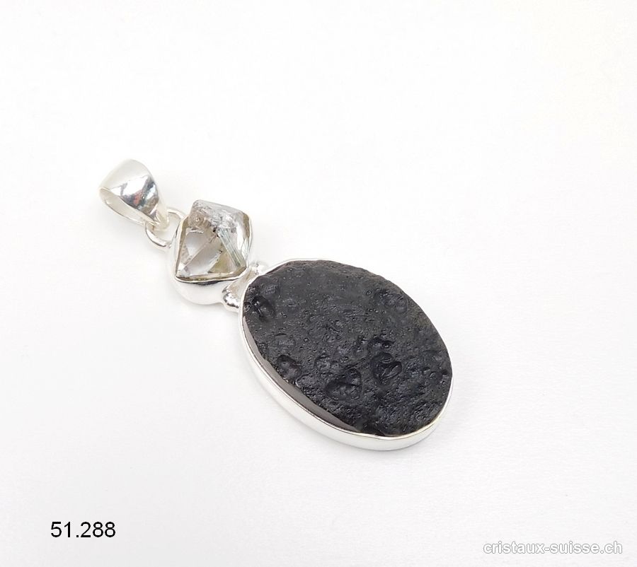 Pendentif Tectite et Diamant Herkimer en argent 925. Pièce unique