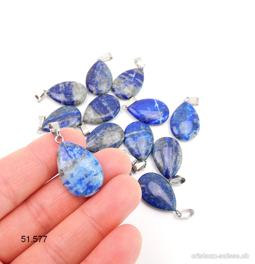 Pendentif Lapis-lazuli AB 2 cm, goutte plate avec boucle métal