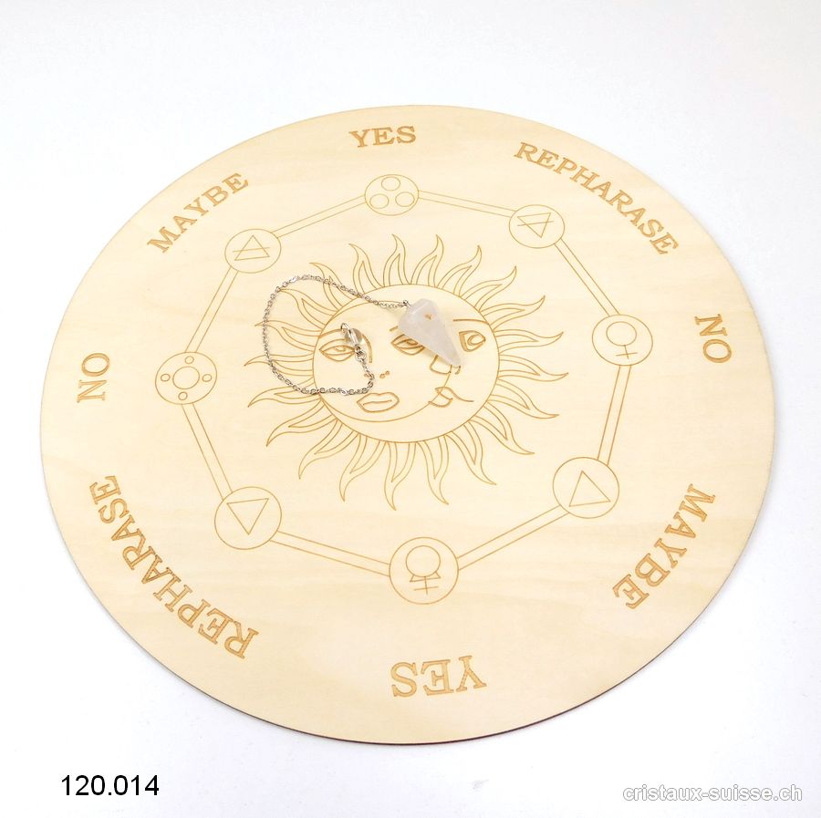 Lot DIVINATION grand Support en bois Ø 25 cm et Pendule Cristal de Roche. OFFRE SPECIALE