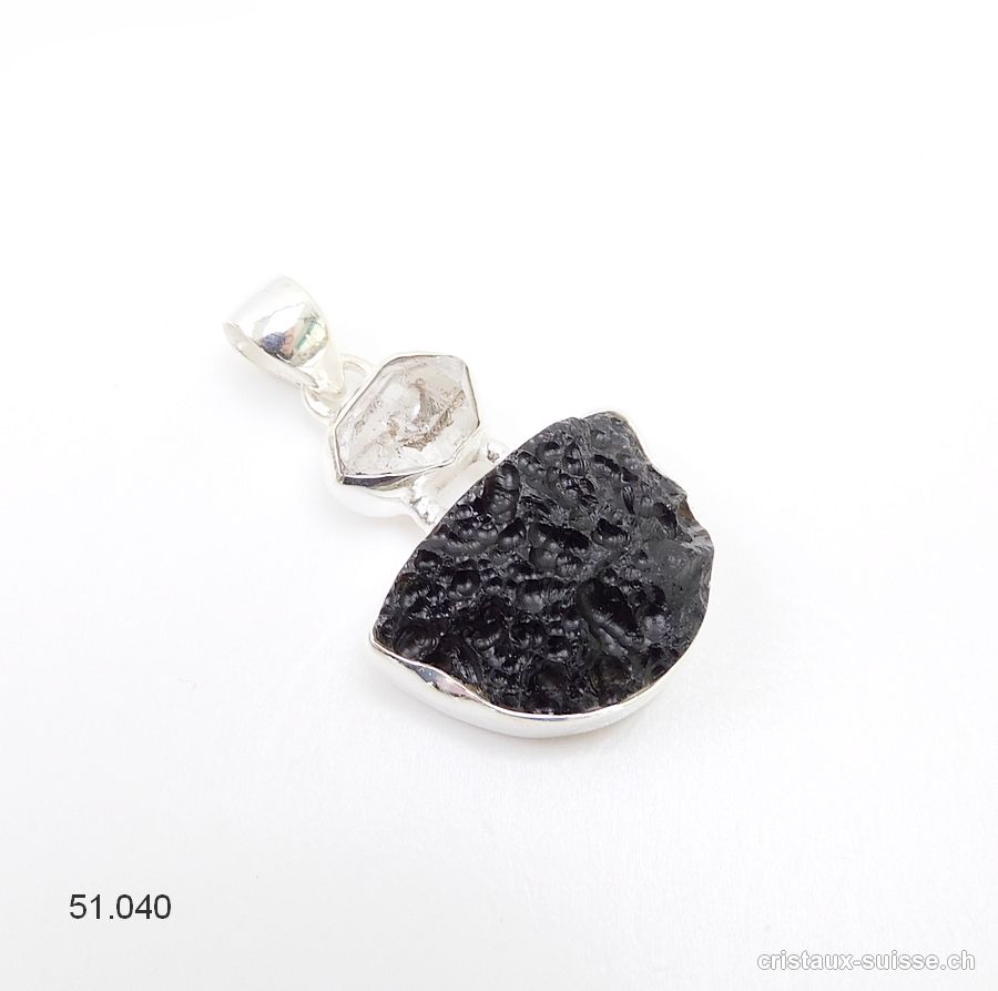 Pendentif Tectite et Diamant Herkimer en argent 925. Pièce unique