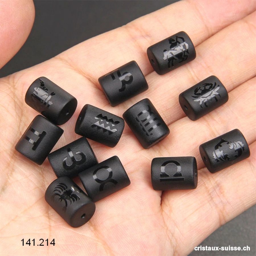 12 x Obsidienne noire Tubes 14 x 10 mm percés, 12 signes astrologiques