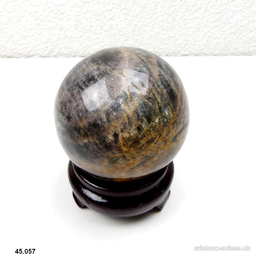 Boule Pierre de Lune noire de Madagascar Ø 8,5 cm. Pièce unique