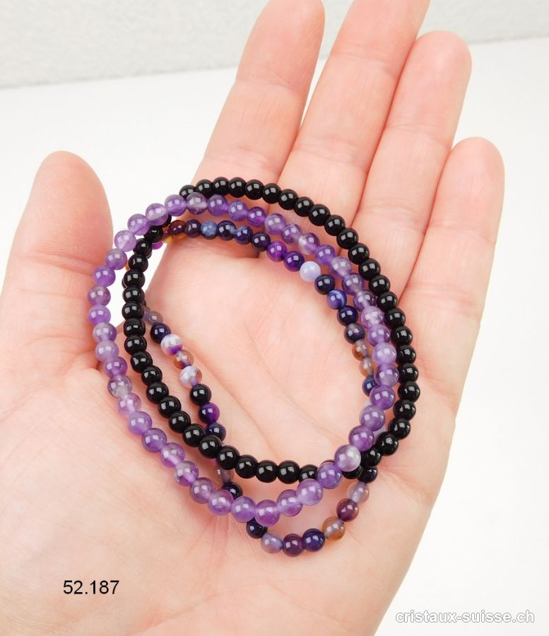 3 bracelets SPIRITUALITÉ, Améthyste - Onyx noir - Agate violette. Offre Spéciale