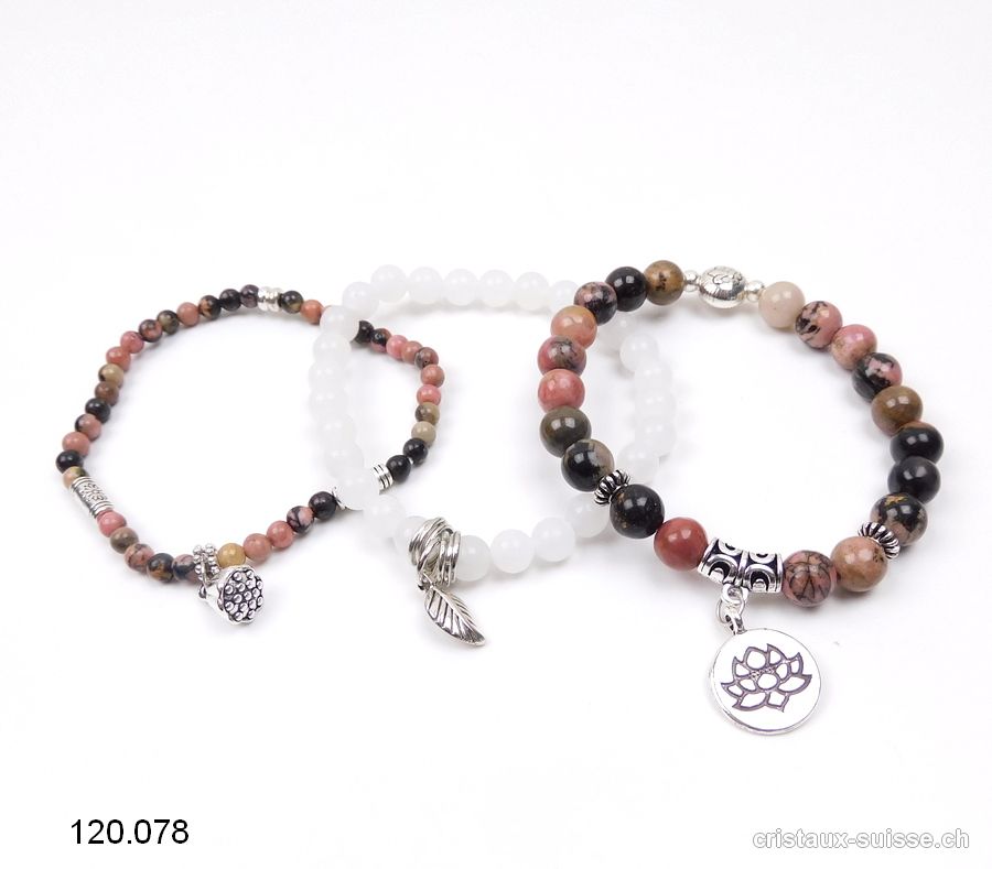 3 bracelets APAISEMENT, Rhodonite et Jade blanc. Offre Spéciale