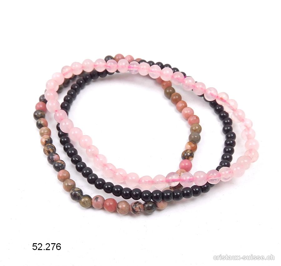 3 bracelets EQUILIBRE EMOTIONNEL, Onyx noir, Rhodonite et Quartz rose. Offre Spéciale