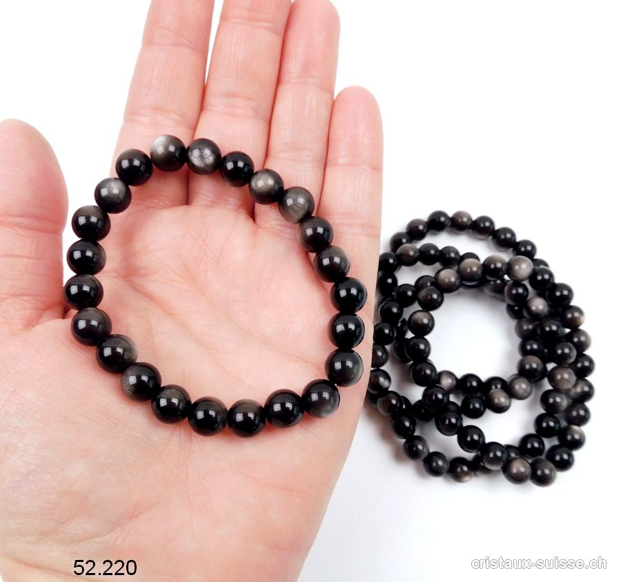 Bracelet Obsidienne argentée 8 mm, élastique 18,5 - 18 cm. Taille M