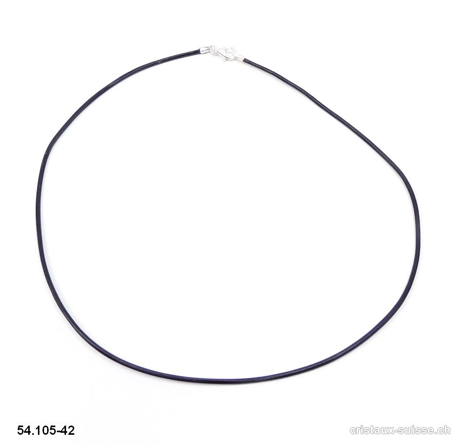 Collier cuir noir / fermoir argent 925. L. 42 cm