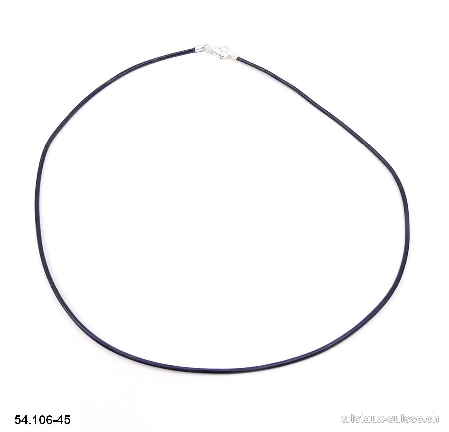 Collier cuir noir / fermoir argent 925. L. 45 cm