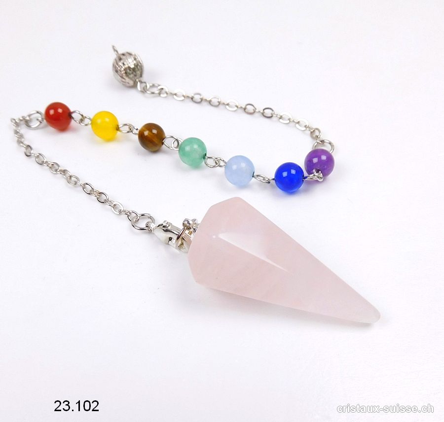 Pendule Quartz rose facetté 3,5 cm avec perles chakras